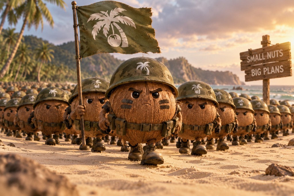 Coconut Army soldiers marching on the beach — small nuts, big plans